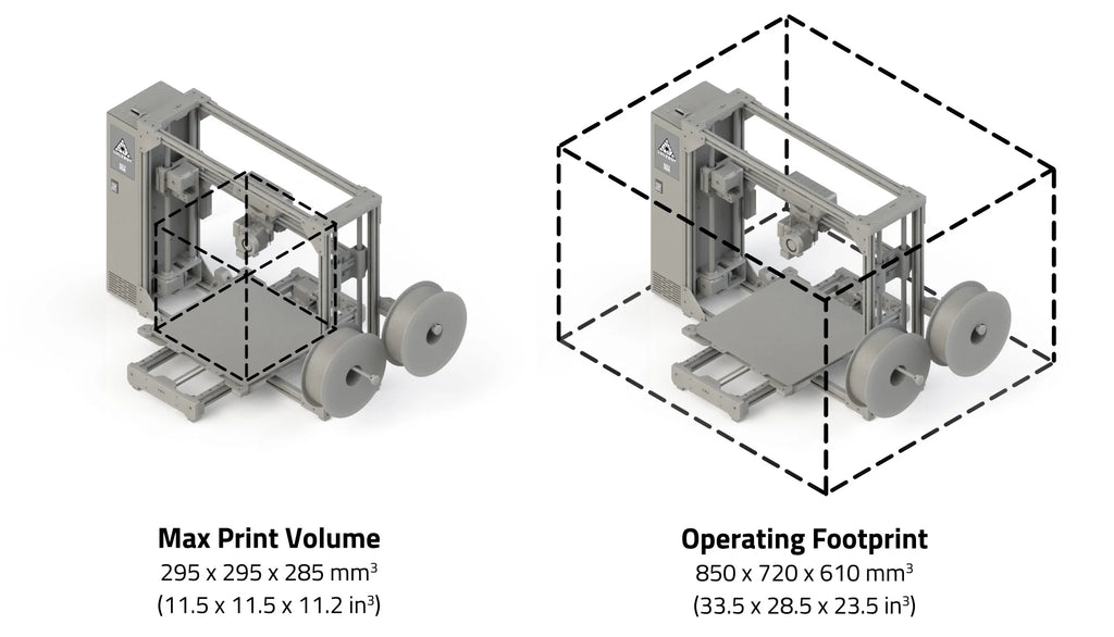 3D printer with dimensions labeled on a white background
