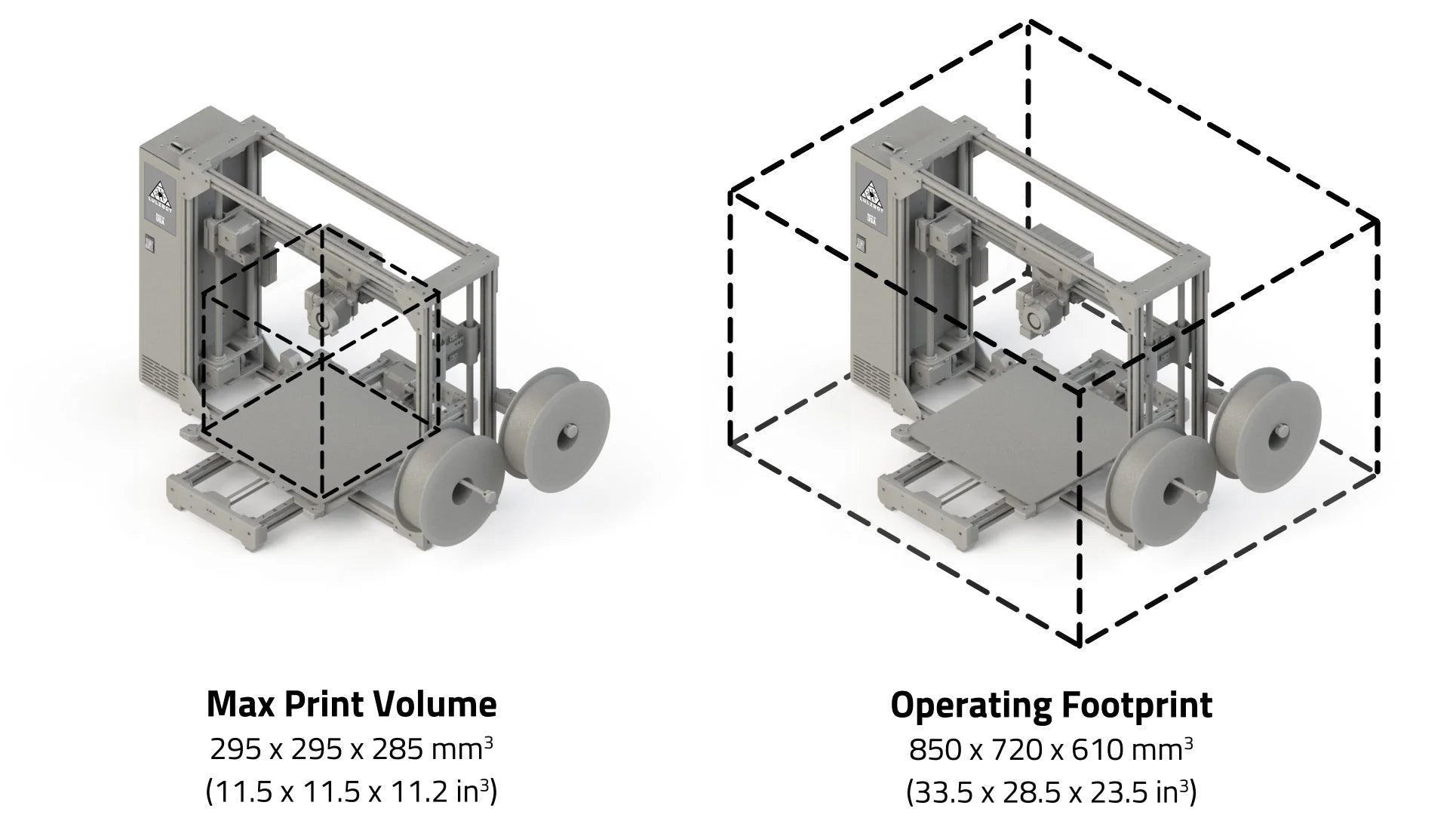 3D printer with dimensions labeled on a white background