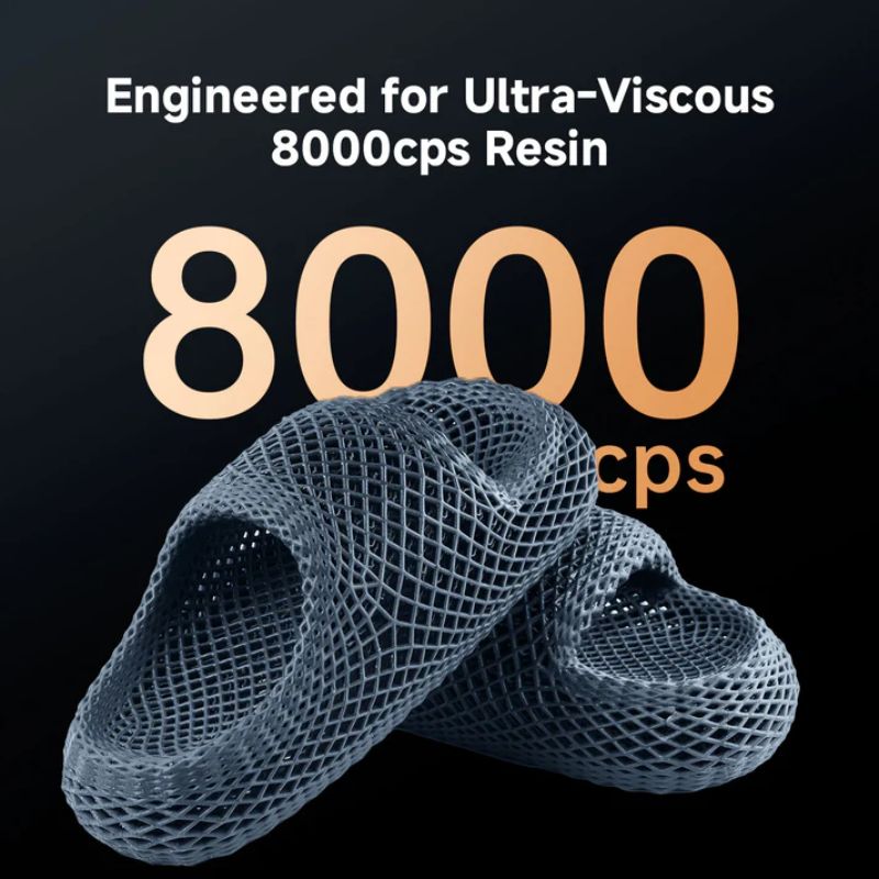 Text 'Engineered for Ultra-Viscous 8000cps Resin' with a 3D model of a shoe on a black background.