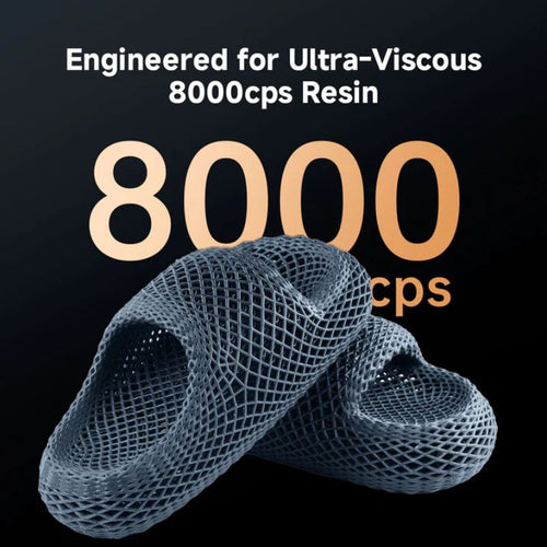 Text 'Engineered for Ultra-Viscous 8000cps Resin' with a 3D model of a shoe on a black background.