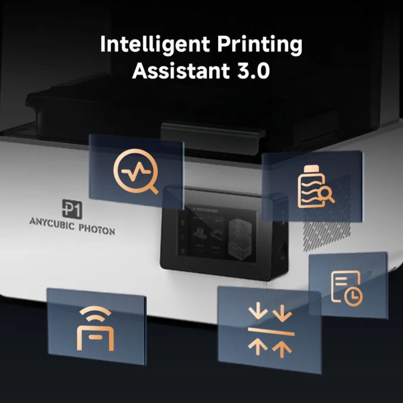 Anycubic Photon 3D printer with 'Intelligent Printing Assistant 3.0' features on a dark background