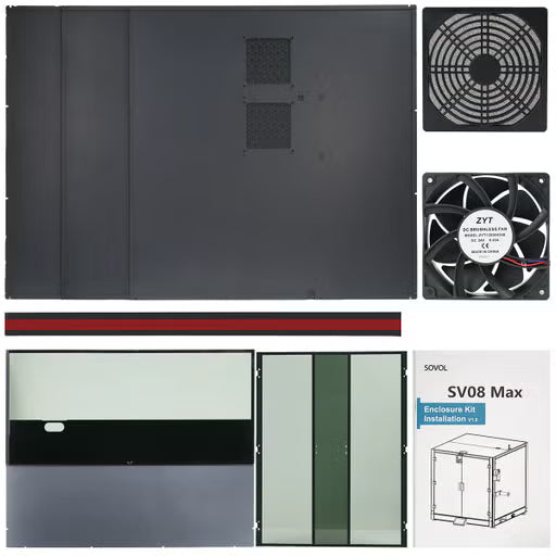 Collage of 3D Printer Enclosure including a black panel, fans, and a box labelled 'SV08 Max'.