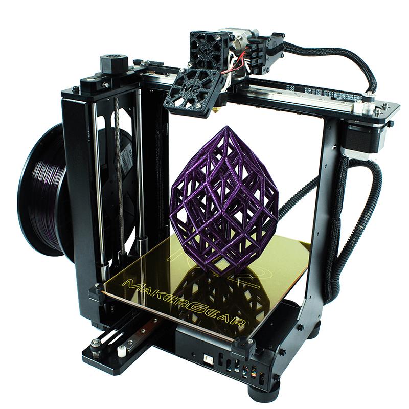 3D printer with a purple geometric object on a white background