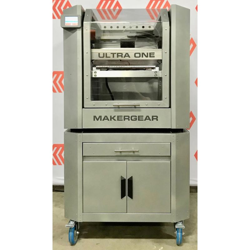MakerGear Ultra One 3D printer on a white background with red and gray patterned border.