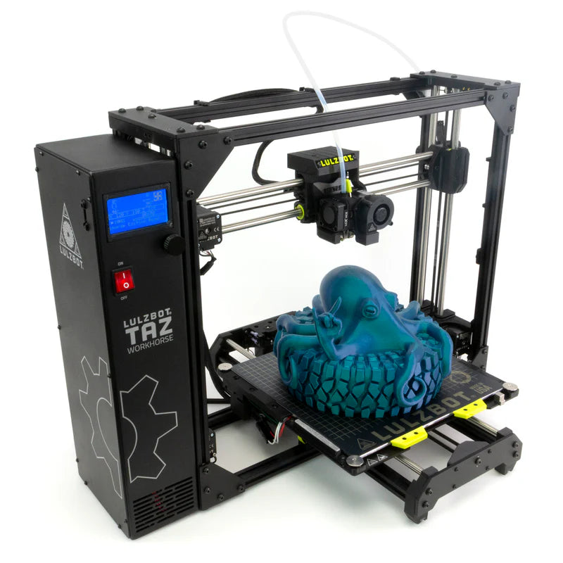 3D printer with a blue 3D printed object on a white background