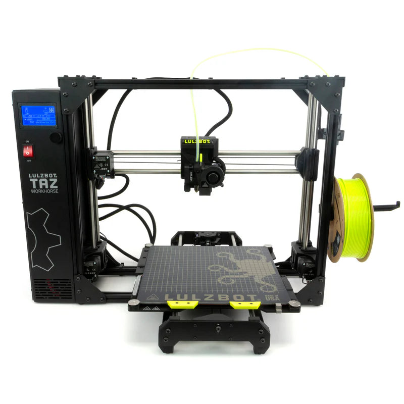 LulzBot TAZ 6 3D printer with spool of filament on a white background