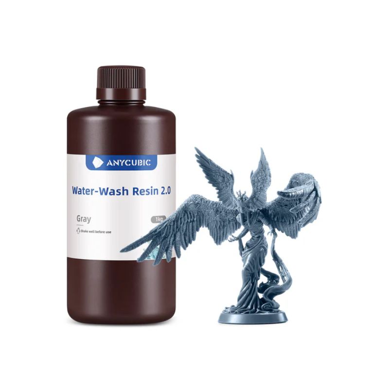 Anycubic water-wash resin bottle with a gray resin sculpture on a white background